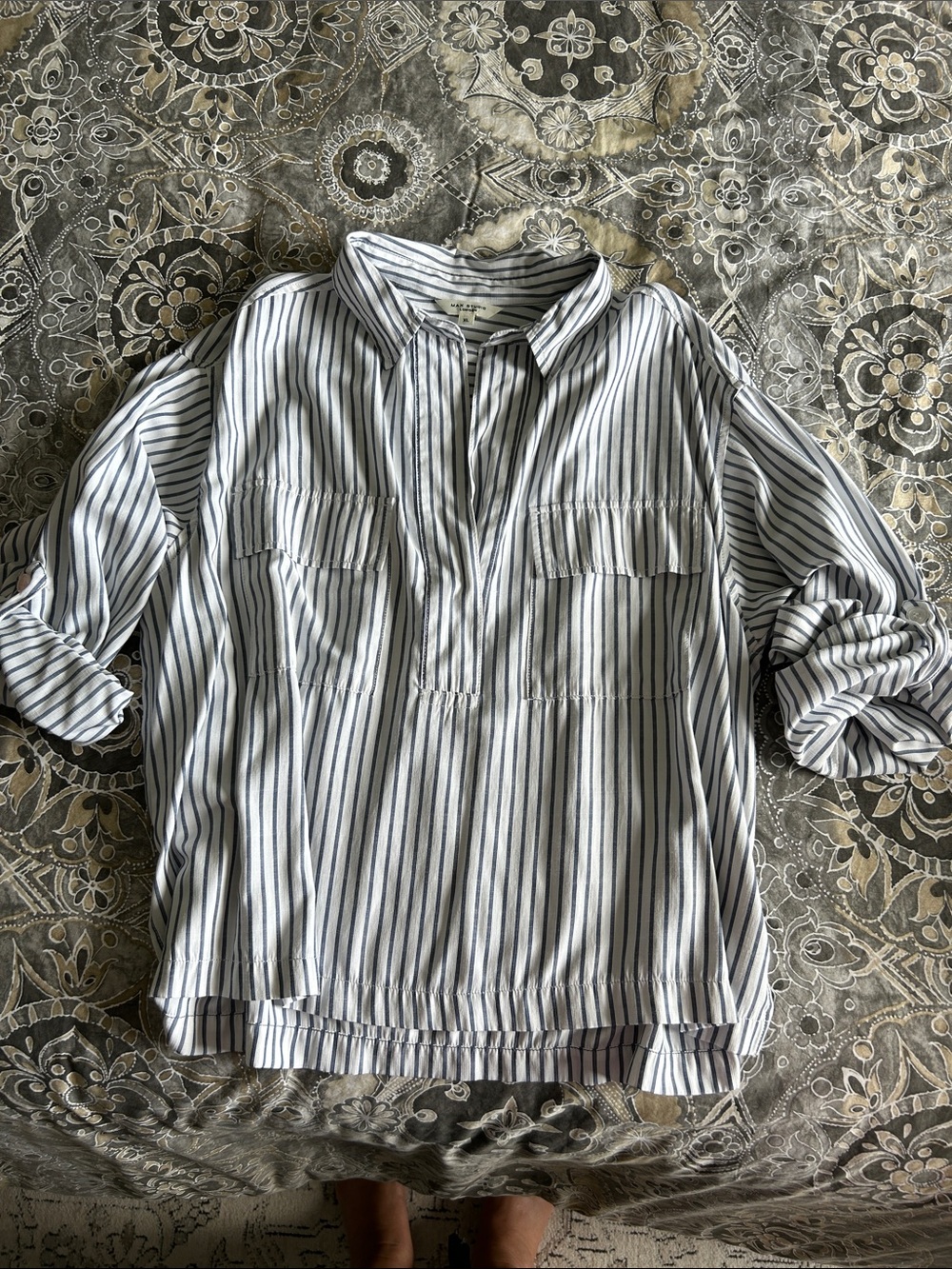 Max Studio White Blouse with Navy Stripes